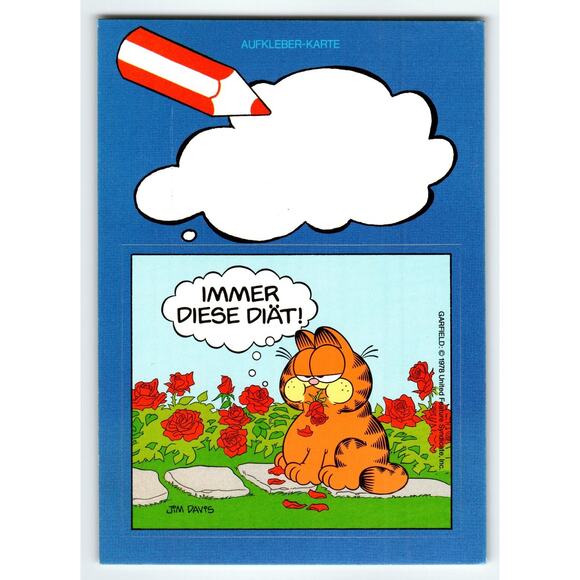 Vintage 1978 Garfield Comic Sticker Front Postcard by Jim Davis - German Text - Picture 1 of 2